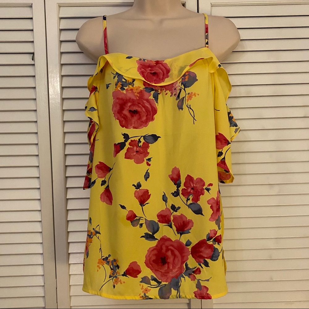 Yellow floral print spaghetti strap cold shoulder
